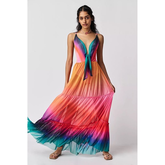 Agua Bendita x Free People Cosmea Multicolor Maxi Dress Tie Front Cross Back - Picture 1 of 12